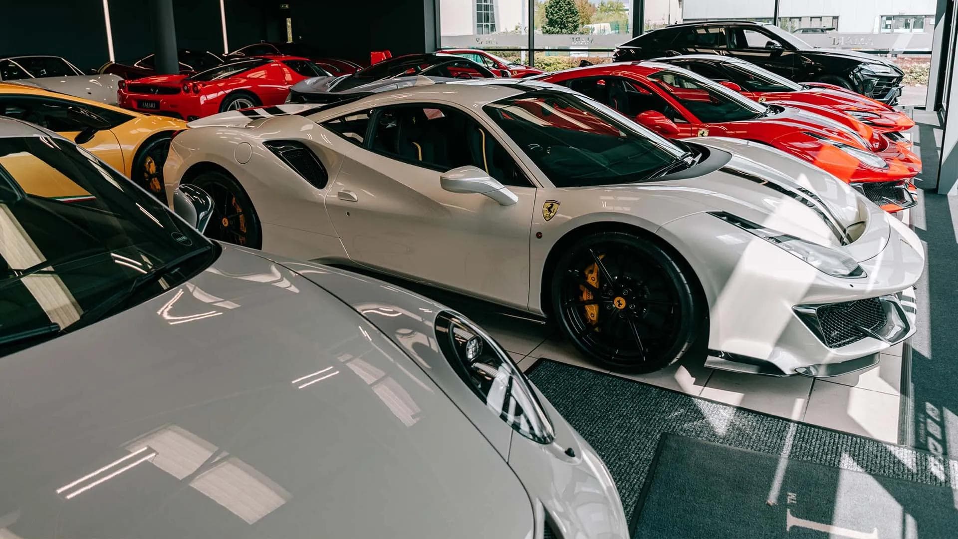 A showroom floor filled with exotic supercars